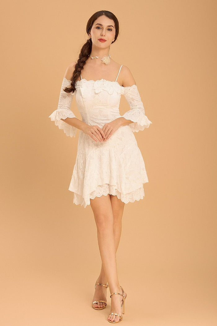 strapless open back dress Cream Eyelet Lace Off Shoulder Ruffle Mini Dress main image 1