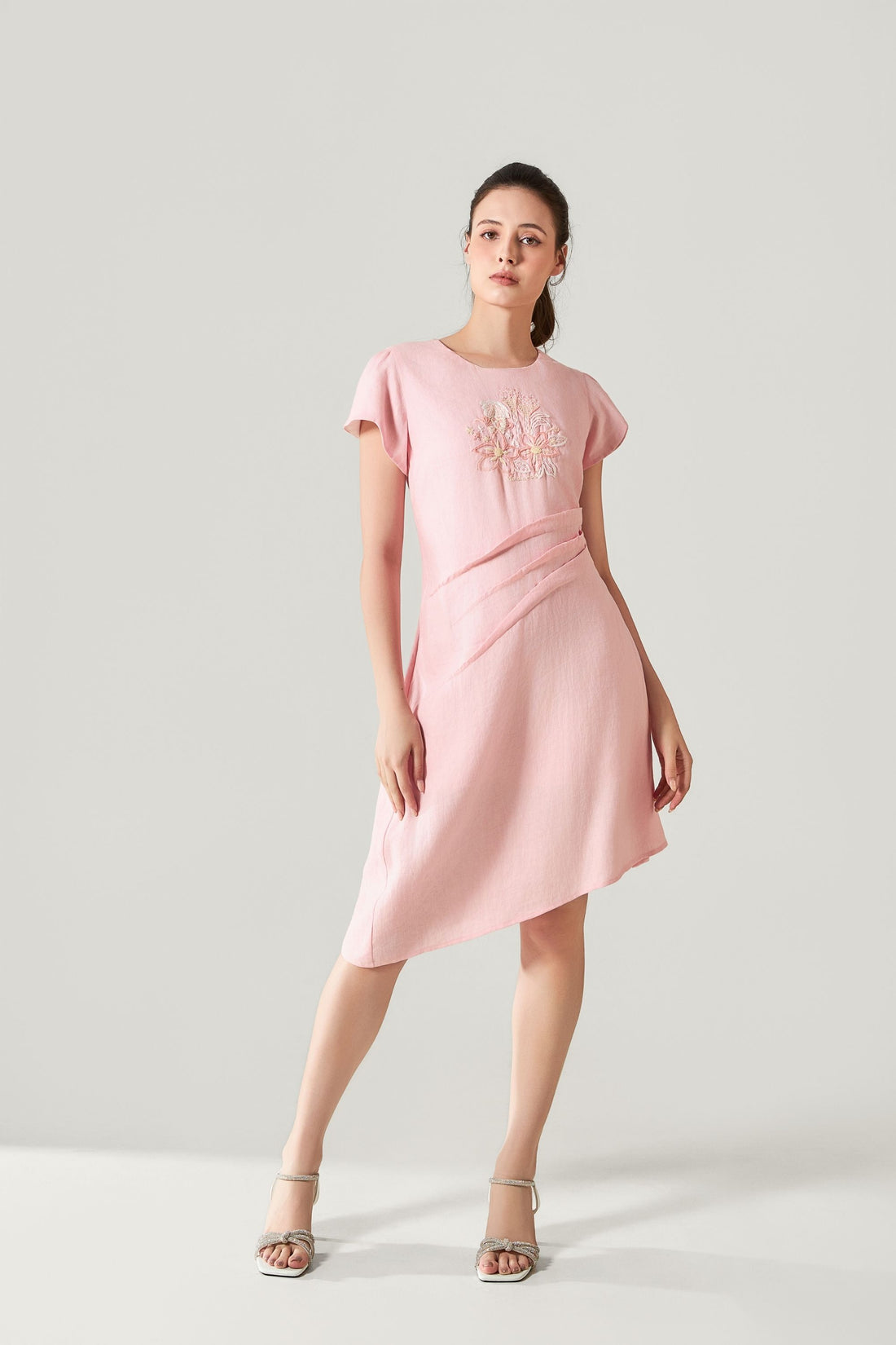 Elara Petal Hand-Embroidered Linen Dress