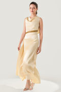 She is wearing  Celeste Champagne Polysilk Dress at VandaMod