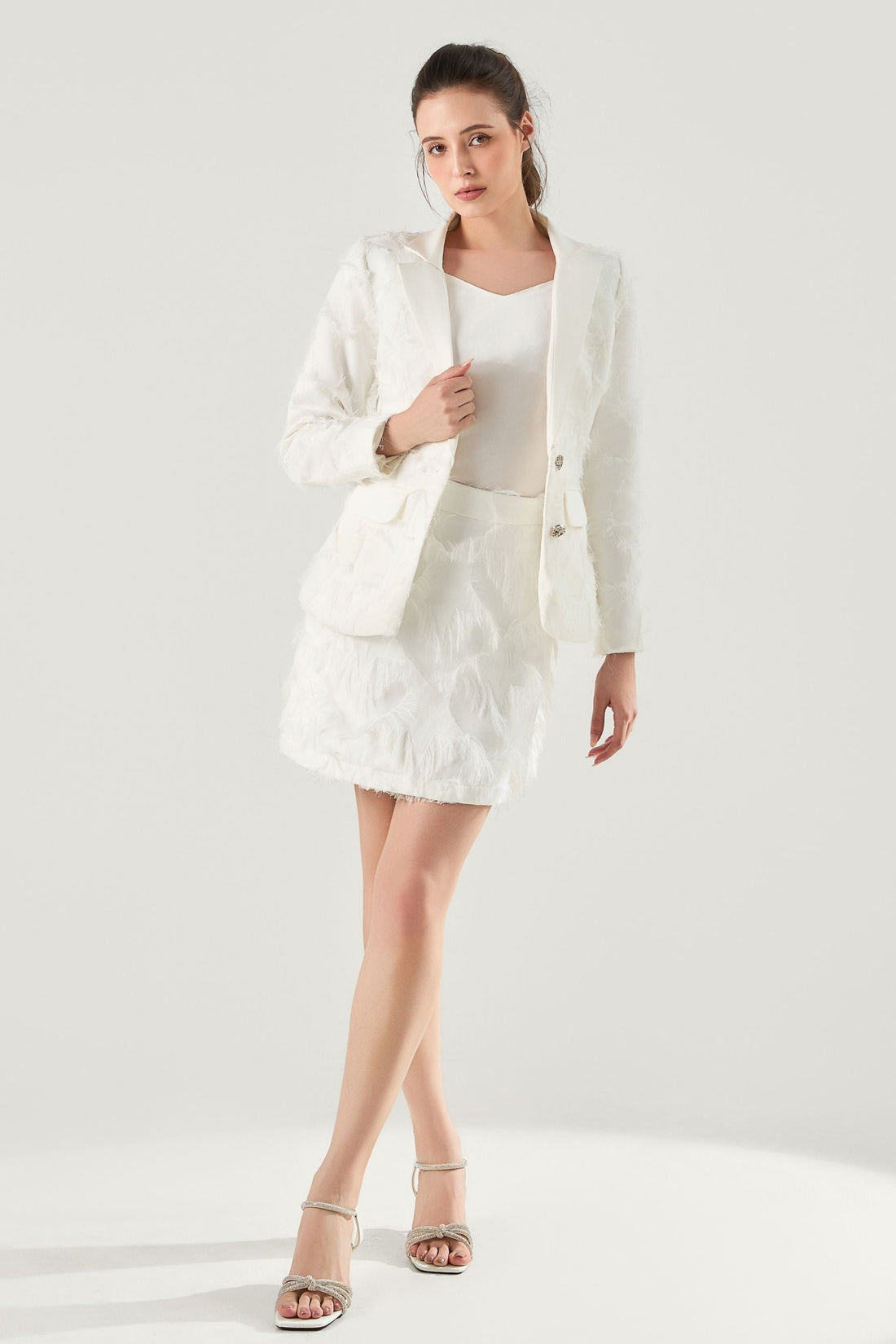 She is wearing Stella Appliqué Statement Blazer at VandaMod